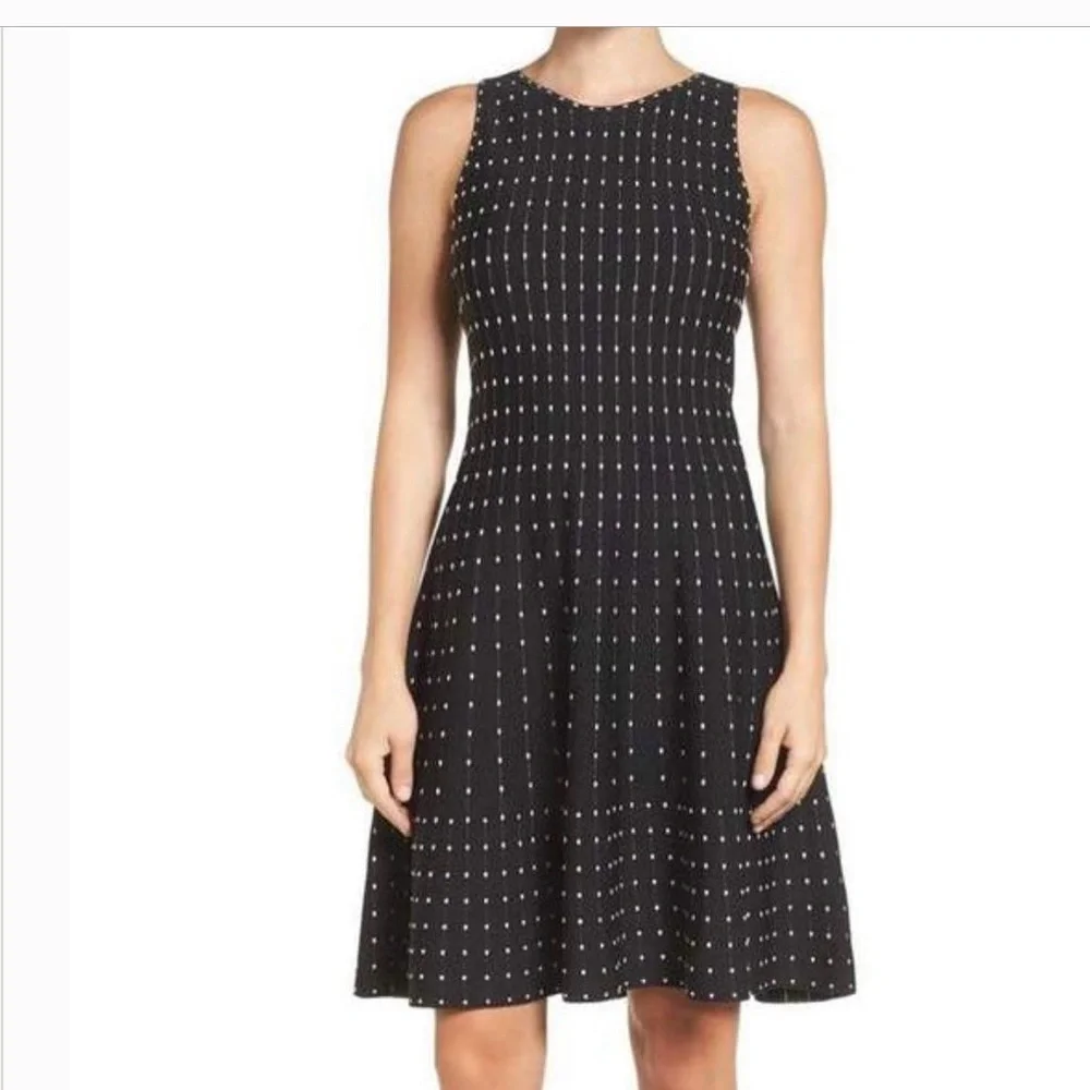 Nic + Zoe Fit & Flare Sleeveless Knit Midi Dress Black White Rectangle Dot Sz M